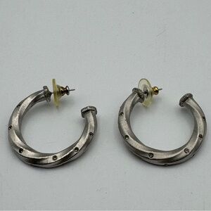 Vintage Pewter Twisted Hoop Earrings 1.5” Rhinestone Accents